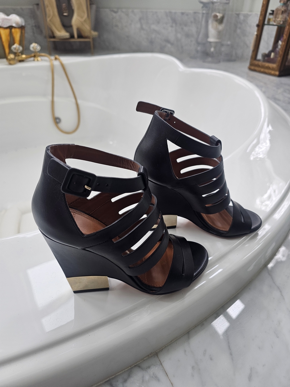 Givenchy Black Strappy Wedge Sandals with Gold Heel Accent